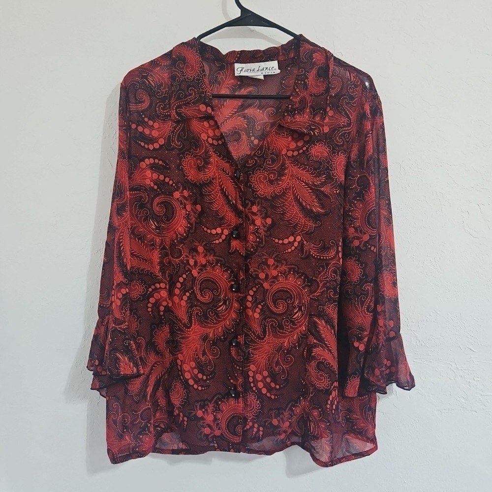 VTG Gloria Lance Red/Black Floral Sparkle 3/4 Sleeve Sheer Top Size 2X Office